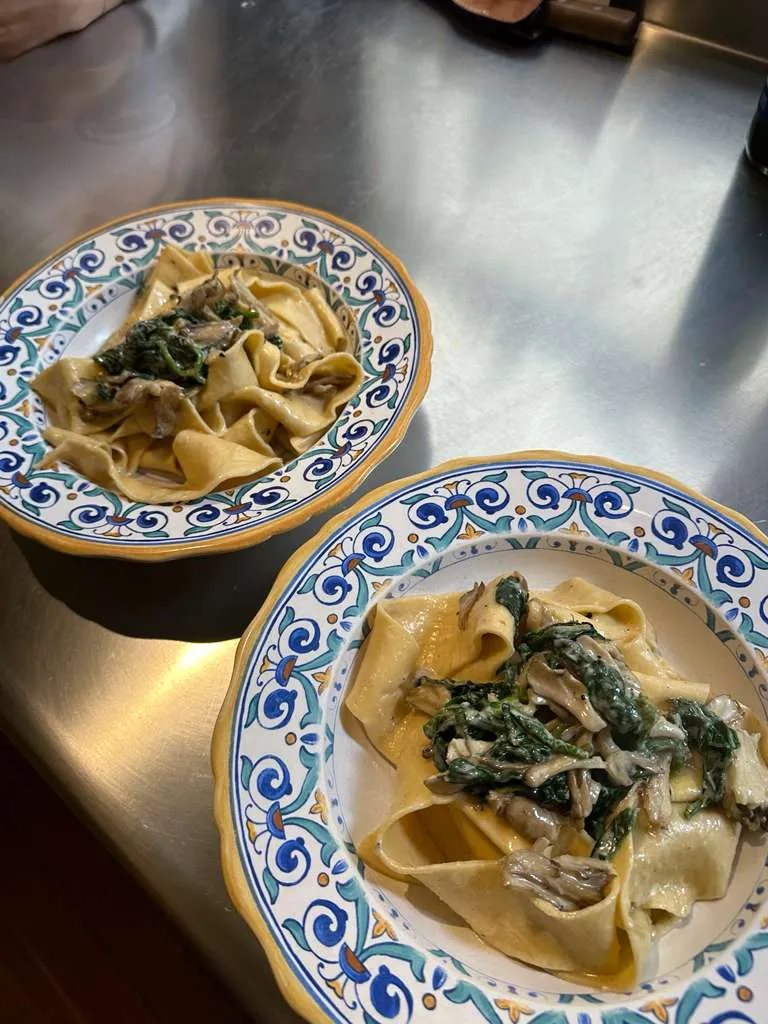 Two bowls of hand-made pappardelle with mushrooms and spinach on Italian majolica plates